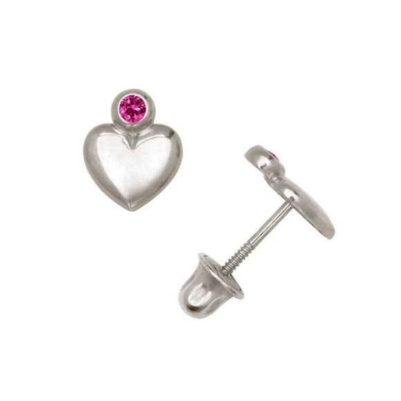 14K Solid White Gold 5mm Love Heart Screwback Earrings Set With Sparkling Stone - Picture 5 of 7
